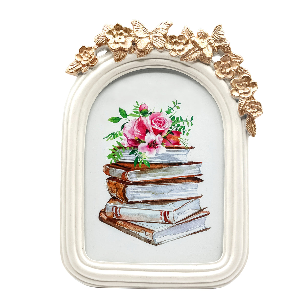 White Arched Picture Frame with Gold Butterfly Detail, 5x7