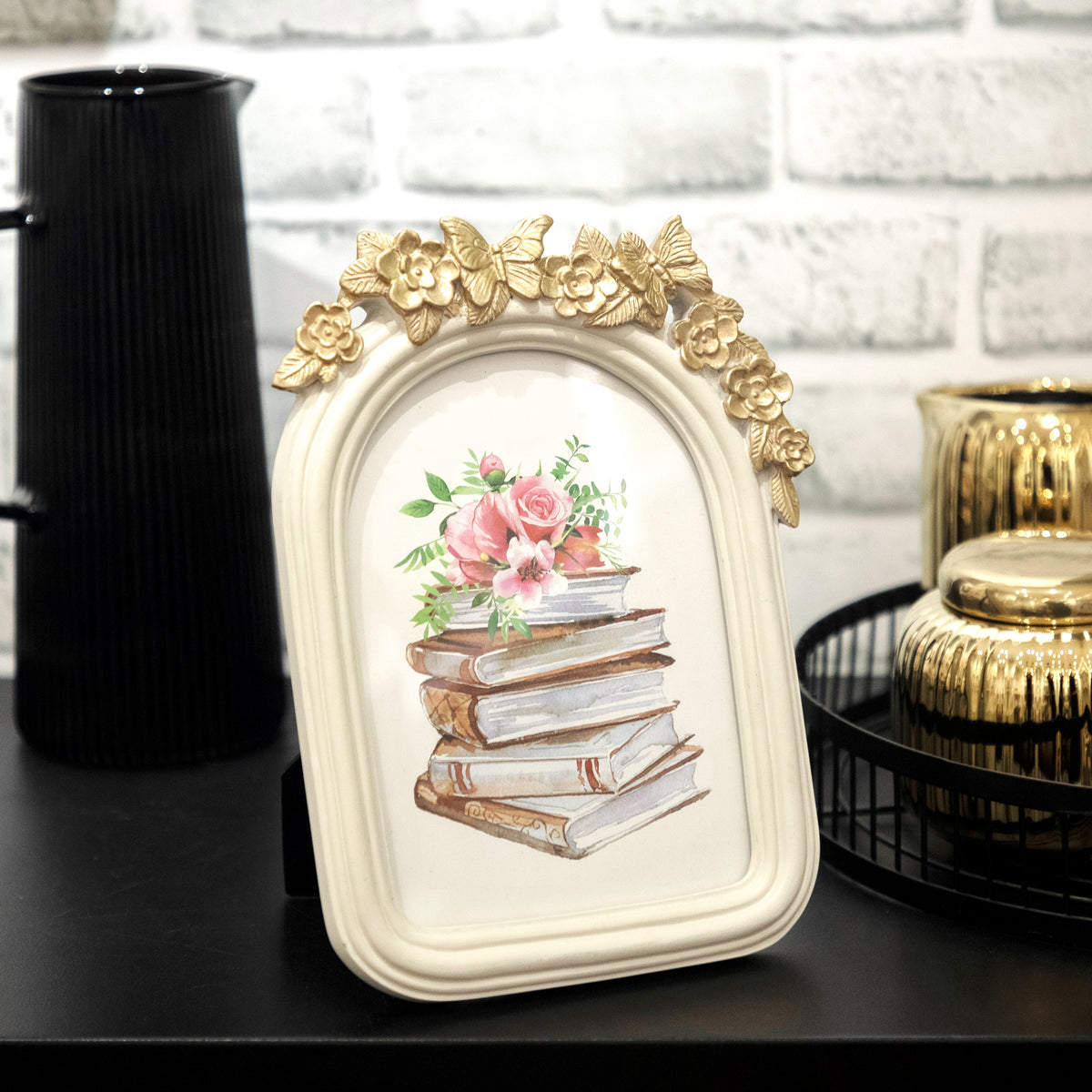 White Arched Picture Frame with Gold Butterfly Detail, 5x7