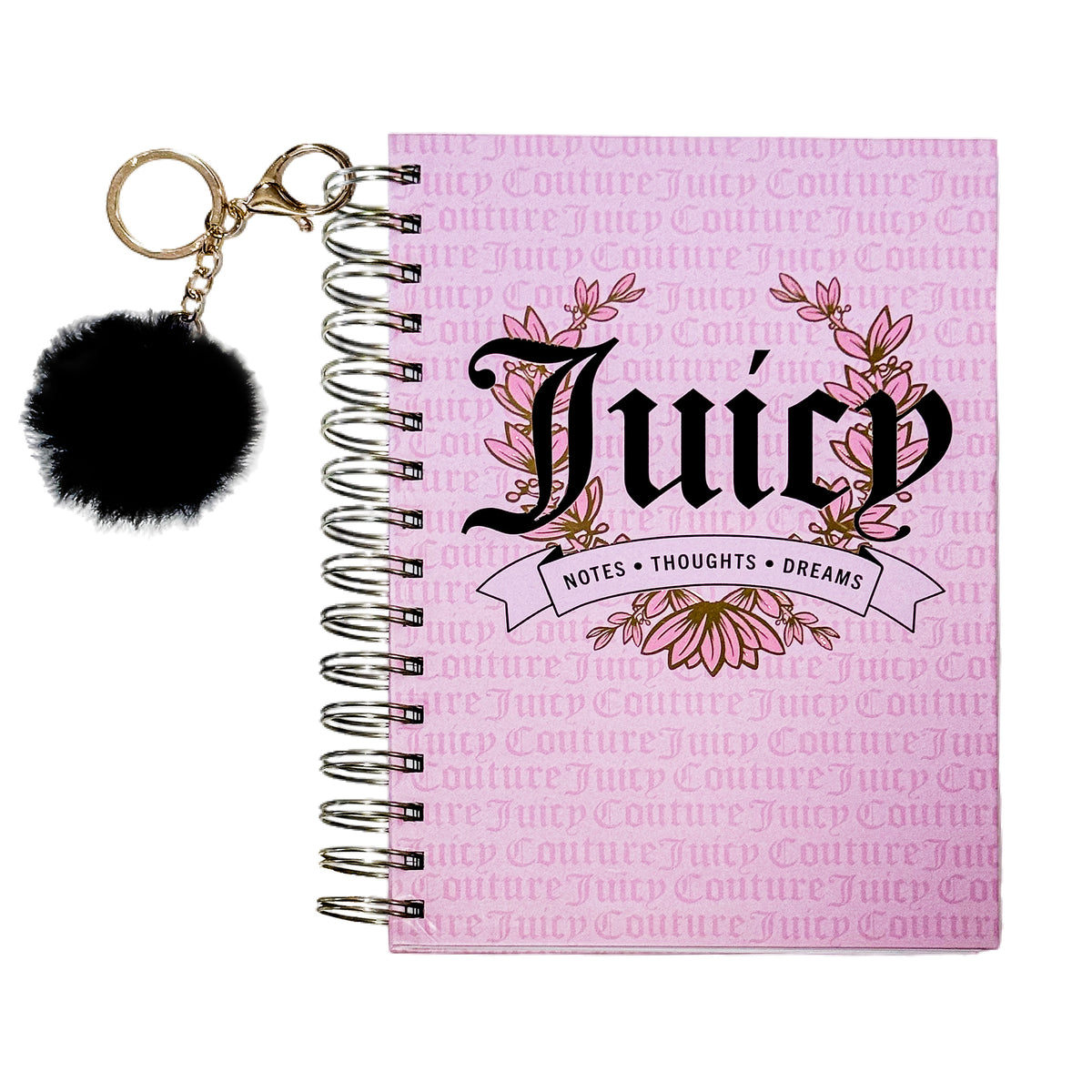 Juicy Couture Blush Spiral Notebook, Notes Thoughts Dreams, Rose Gold Foil, Pom Keychain, Lined Pages Journal, 5.8 x 8.3 in