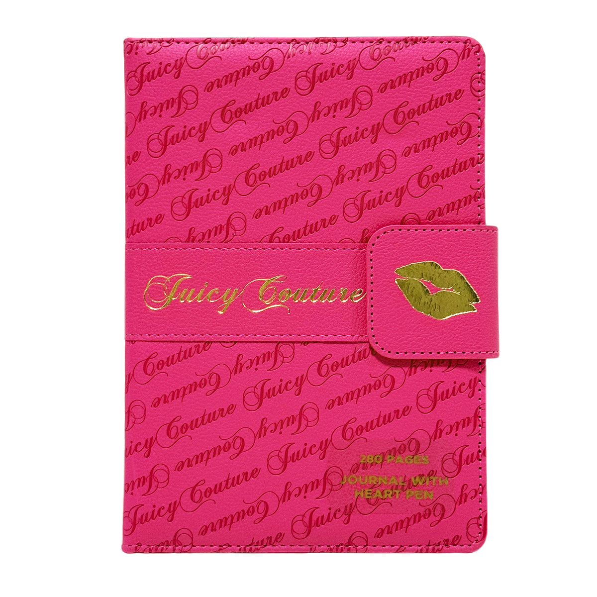 Juicy Couture Faux Leather Journal with Snap Closure & Heart Pen, Hot Pink Kiss Design, Gold Foil Details, Lined Pages Notebook, 5.8 x 8.3 in