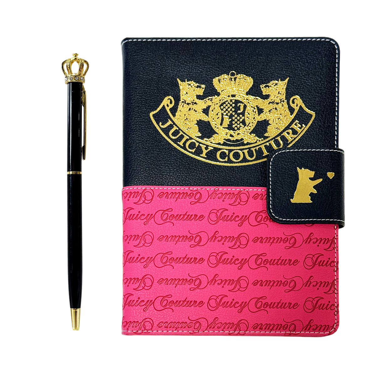 Juicy Couture Faux Leather Journal with Snap Closure & Crown Pen, Black & Hot Pink Terrier Crest, Gold Foil Notebook, Lined Pages, 5.8 x 8.3 in