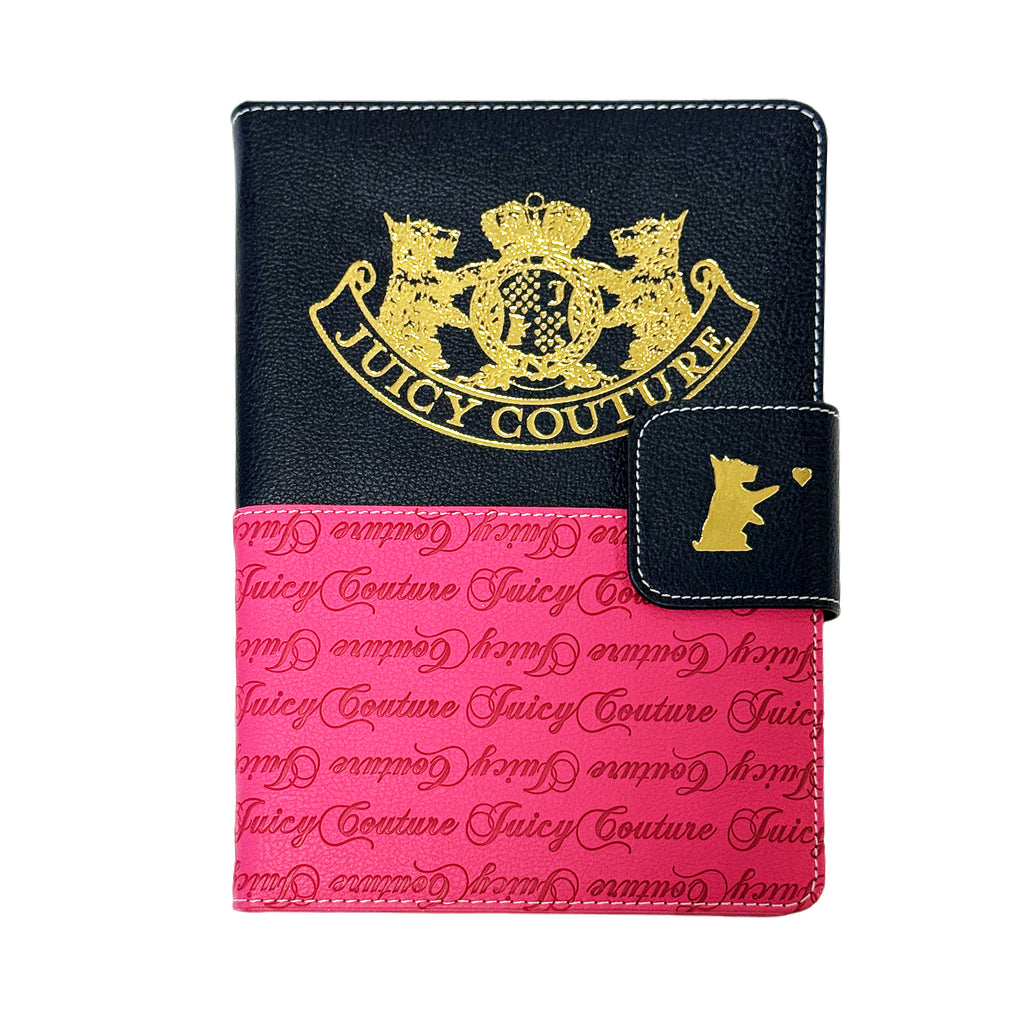 Juicy Couture Faux Leather Journal with Snap Closure & Crown Pen, Black & Hot Pink Terrier Crest, Gold Foil Notebook, Lined Pages, 5.8 x 8.3 in