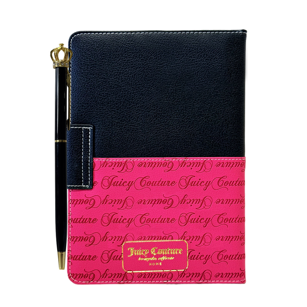 Juicy Couture Faux Leather Journal with Snap Closure & Crown Pen, Black & Hot Pink Terrier Crest, Gold Foil Notebook, Lined Pages, 5.8 x 8.3 in