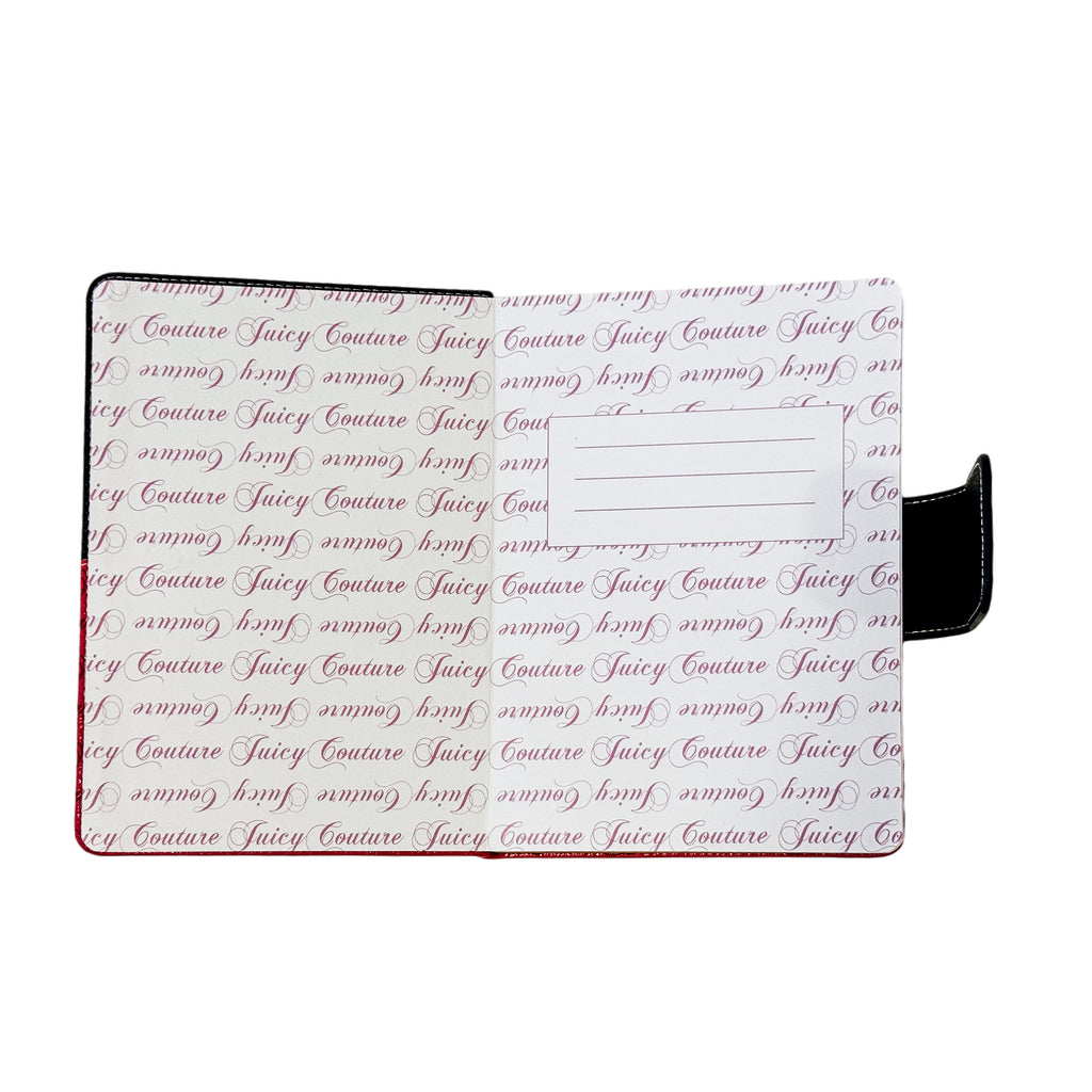 Juicy Couture Faux Leather Journal with Snap Closure & Crown Pen, Black & Hot Pink Terrier Crest, Gold Foil Notebook, Lined Pages, 5.8 x 8.3 in