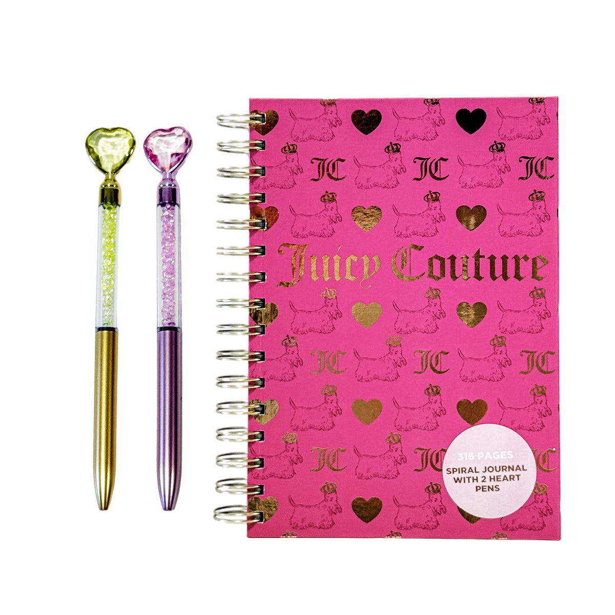 Juicy Couture Spiral Notebook, Hot Pink All-Over Logo, Gold Foil, 2 Heart Pens Included, Lined Pages Journal, 5.8 x 8.3 in