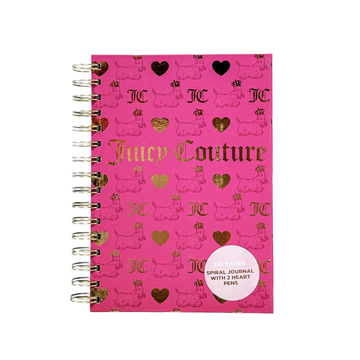 Juicy Couture Spiral Notebook, Hot Pink All-Over Logo, Gold Foil, 2 Heart Pens Included, Lined Pages Journal, 5.8 x 8.3 in