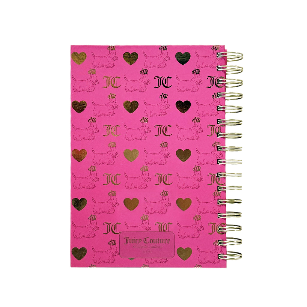 Juicy Couture Spiral Notebook, Hot Pink All-Over Logo, Gold Foil, 2 Heart Pens Included, Lined Pages Journal, 5.8 x 8.3 in