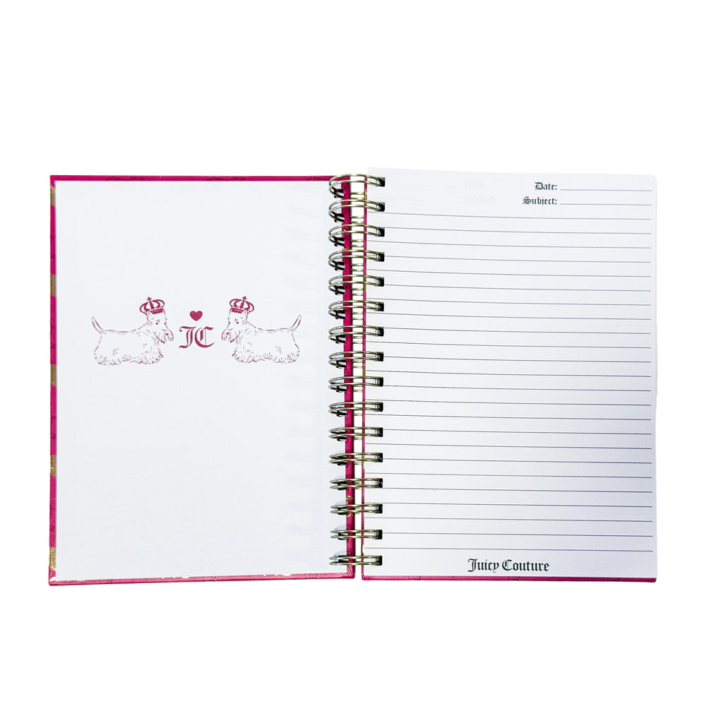 Juicy Couture Spiral Notebook, Hot Pink All-Over Logo, Gold Foil, 2 Heart Pens Included, Lined Pages Journal, 5.8 x 8.3 in