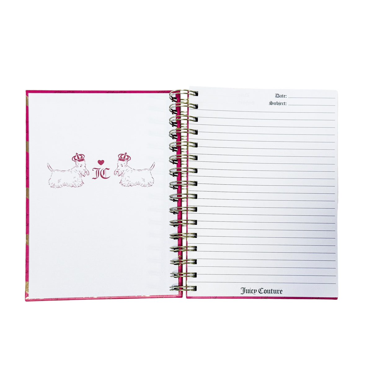 Juicy Couture Spiral Notebook, Hot Pink All-Over Logo, Gold Foil, 2 Heart Pens Included, Lined Pages Journal, 5.8 x 8.3 in