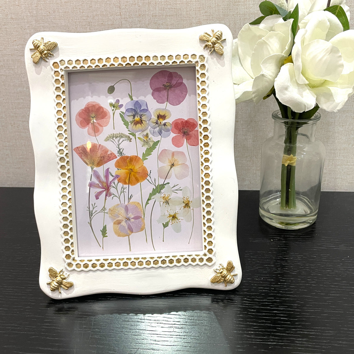 White Picture Frame with Gold Bumblebee Accents, 5x7