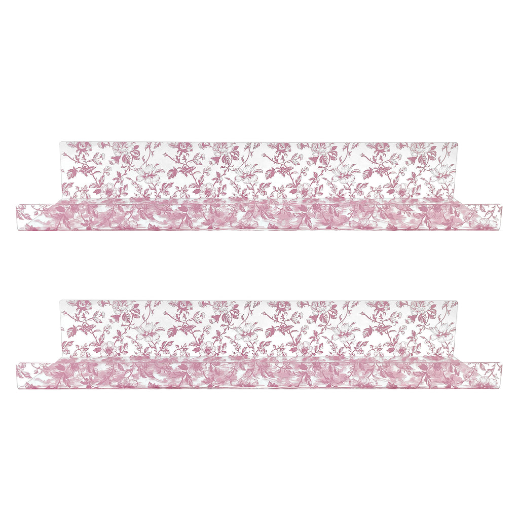 20” Pink Toile Acrylic Floating Wall Shelves, Set of 2 – Decorative Wall Mounted Display Shelves for Nursery, Bedroom, Bathroom & Home Decor