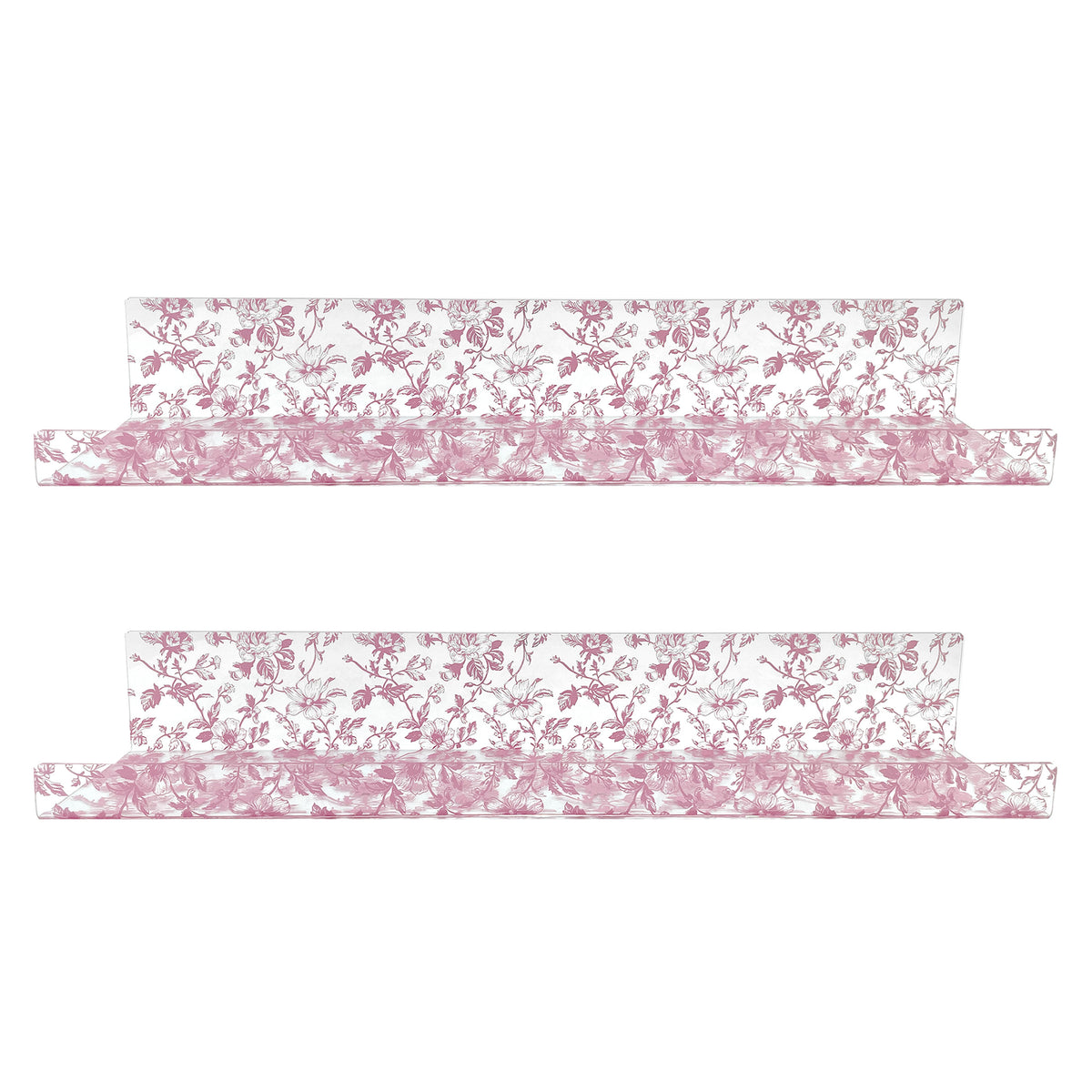 20” Pink Toile Acrylic Floating Wall Shelves, Set of 2 – Decorative Wall Mounted Display Shelves for Nursery, Bedroom, Bathroom & Home Decor