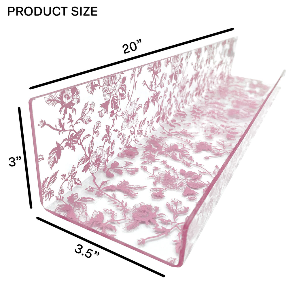 20” Pink Toile Acrylic Floating Wall Shelves, Set of 2 – Decorative Wall Mounted Display Shelves for Nursery, Bedroom, Bathroom & Home Decor