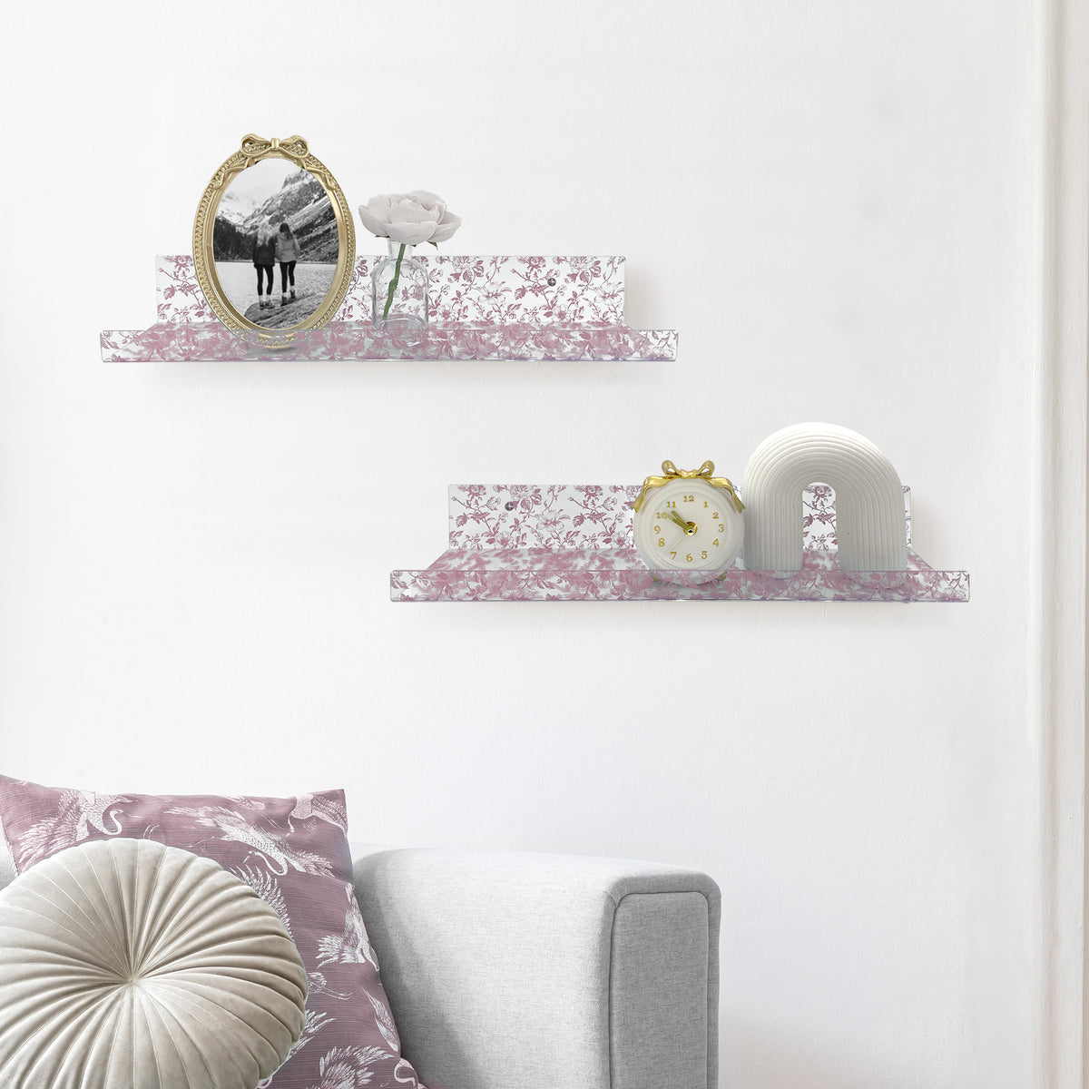 20” Pink Toile Acrylic Floating Wall Shelves, Set of 2 – Decorative Wall Mounted Display Shelves for Nursery, Bedroom, Bathroom & Home Decor