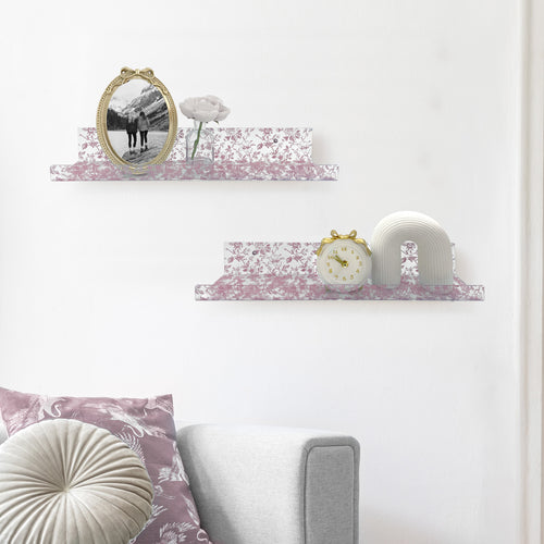 20” Pink Toile Acrylic Floating Wall Shelves, Set of 2 – Decorative Wall Mounted Display Shelves for Nursery, Bedroom, Bathroom & Home Decor