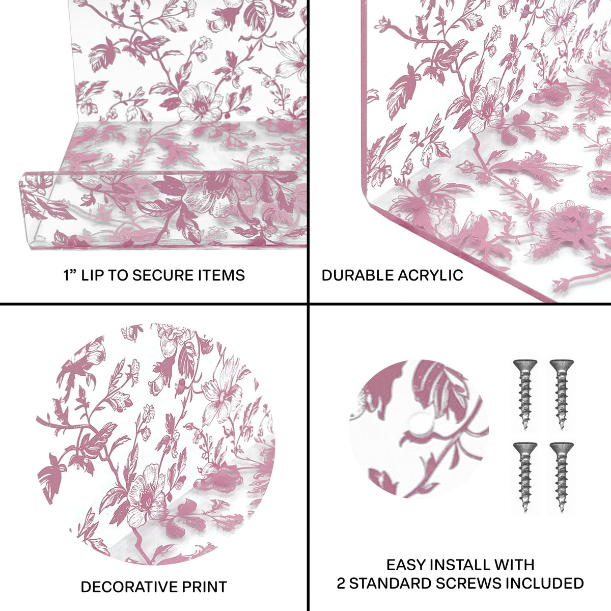 20” Pink Toile Acrylic Floating Wall Shelves, Set of 2 – Decorative Wall Mounted Display Shelves for Nursery, Bedroom, Bathroom & Home Decor