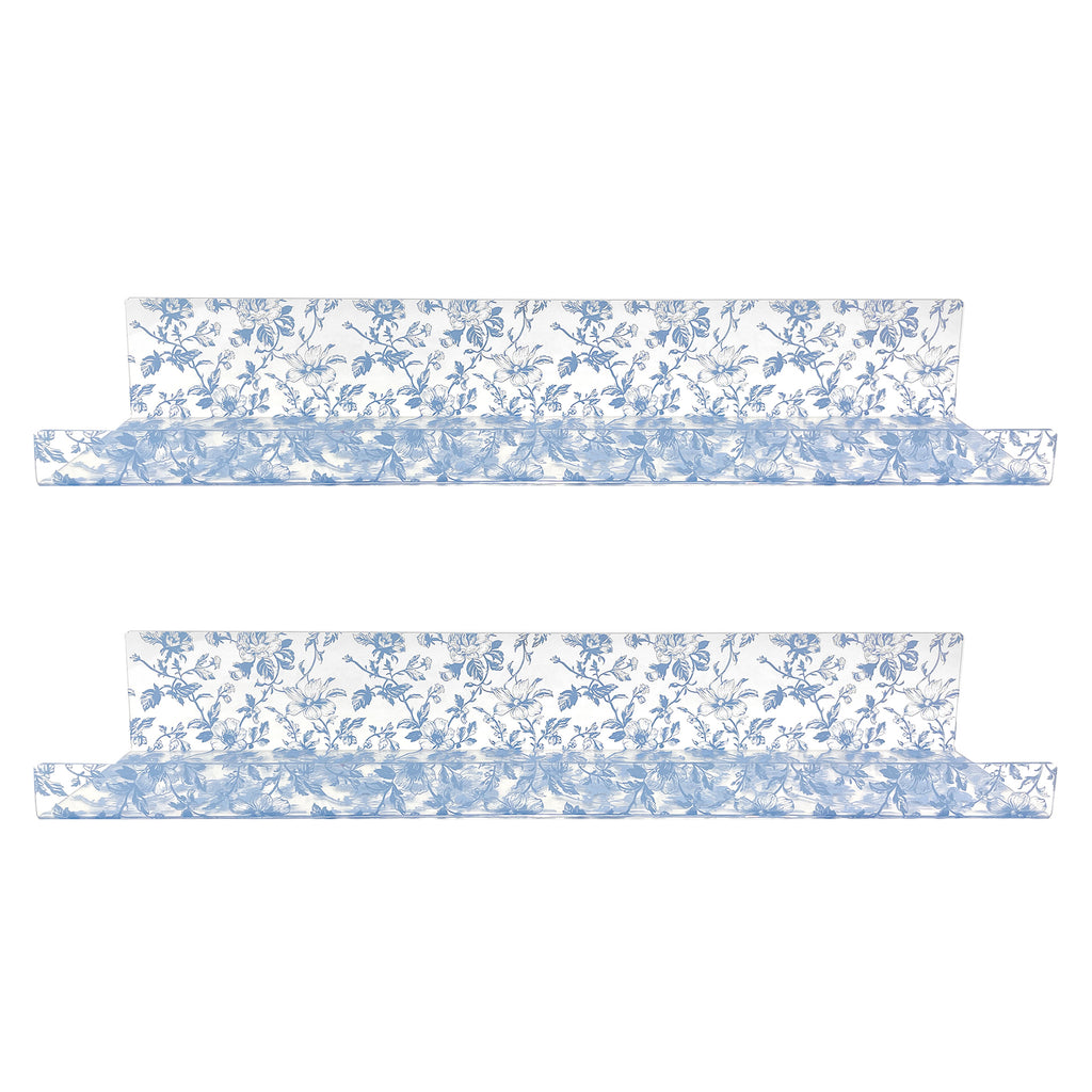 20” Blue Toile Acrylic Floating Wall Shelves, Set of 2 – Decorative Clear Wall Mounted Shelves for Bedroom, Bathroom Storage & Living Room Display