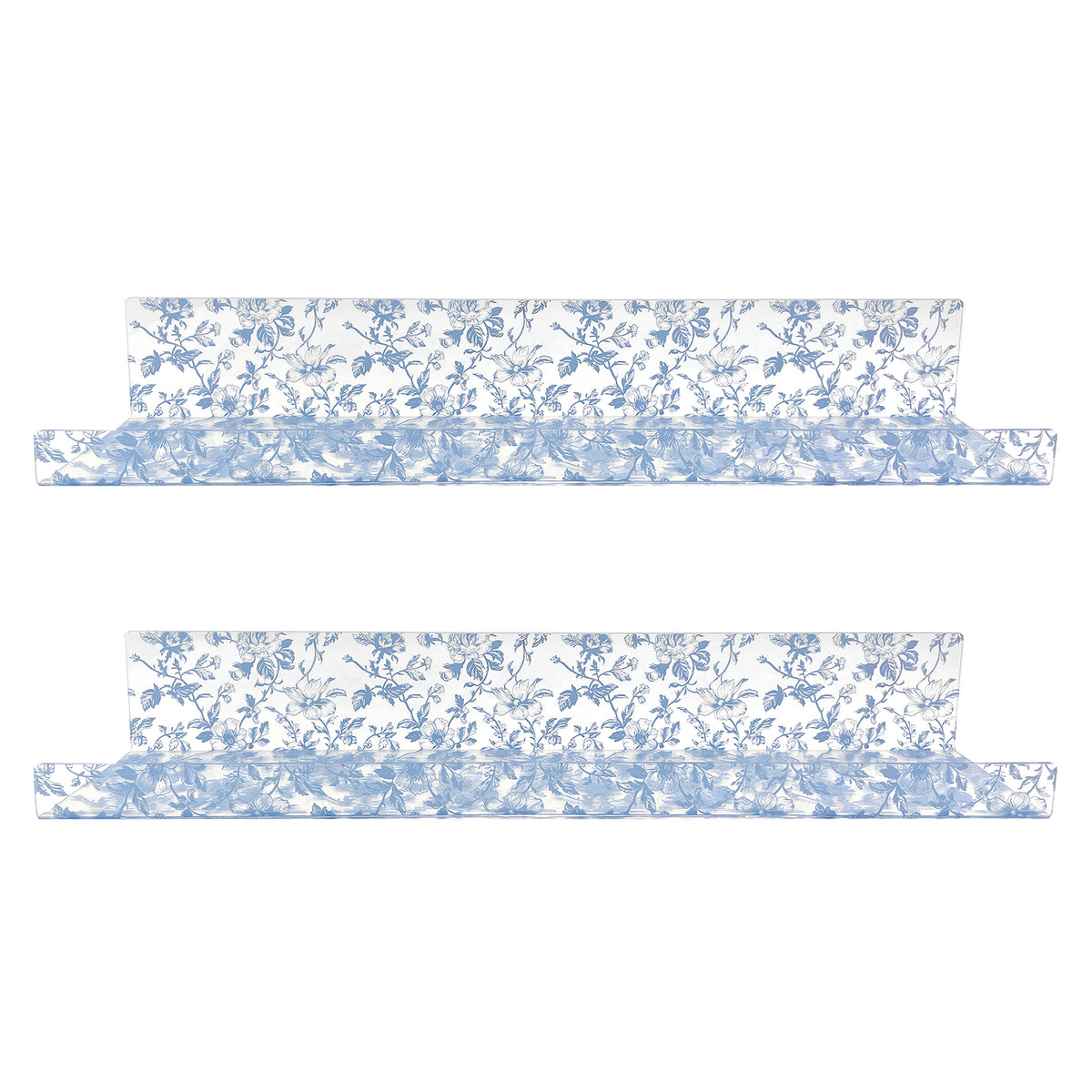 20” Blue Toile Acrylic Floating Wall Shelves, Set of 2 – Decorative Clear Wall Mounted Shelves for Bedroom, Bathroom Storage & Living Room Display