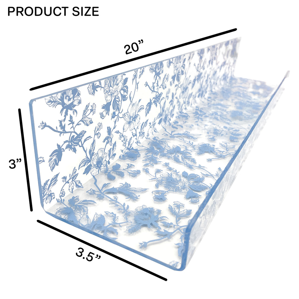 20” Blue Toile Acrylic Floating Wall Shelves, Set of 2 – Decorative Clear Wall Mounted Shelves for Bedroom, Bathroom Storage & Living Room Display