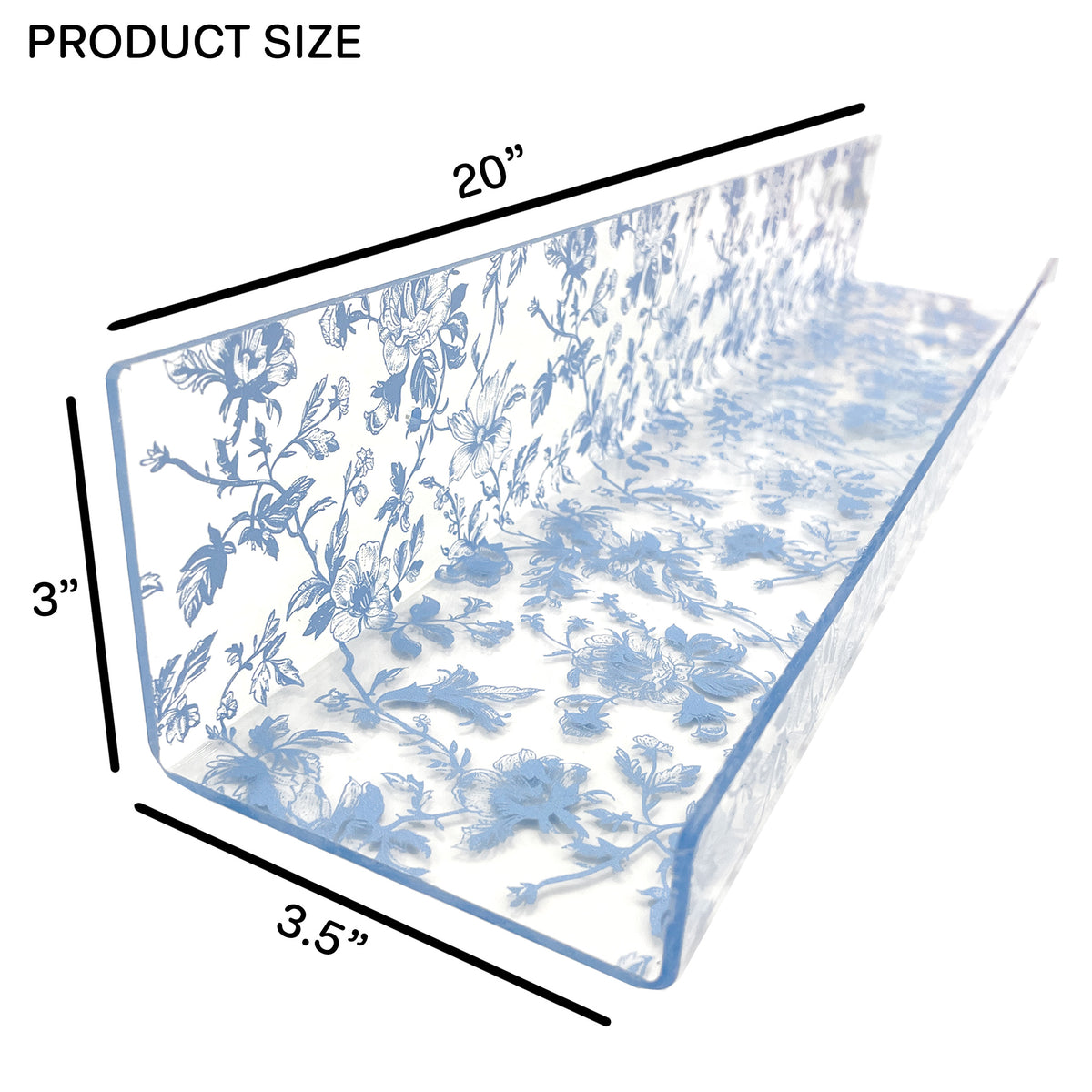 20” Blue Toile Acrylic Floating Wall Shelves, Set of 2 – Decorative Clear Wall Mounted Shelves for Bedroom, Bathroom Storage & Living Room Display