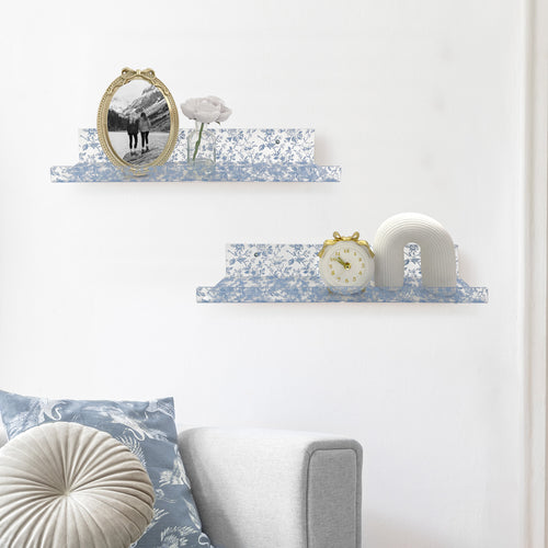 20” Blue Toile Acrylic Floating Wall Shelves, Set of 2 – Decorative Clear Wall Mounted Shelves for Bedroom, Bathroom Storage & Living Room Display
