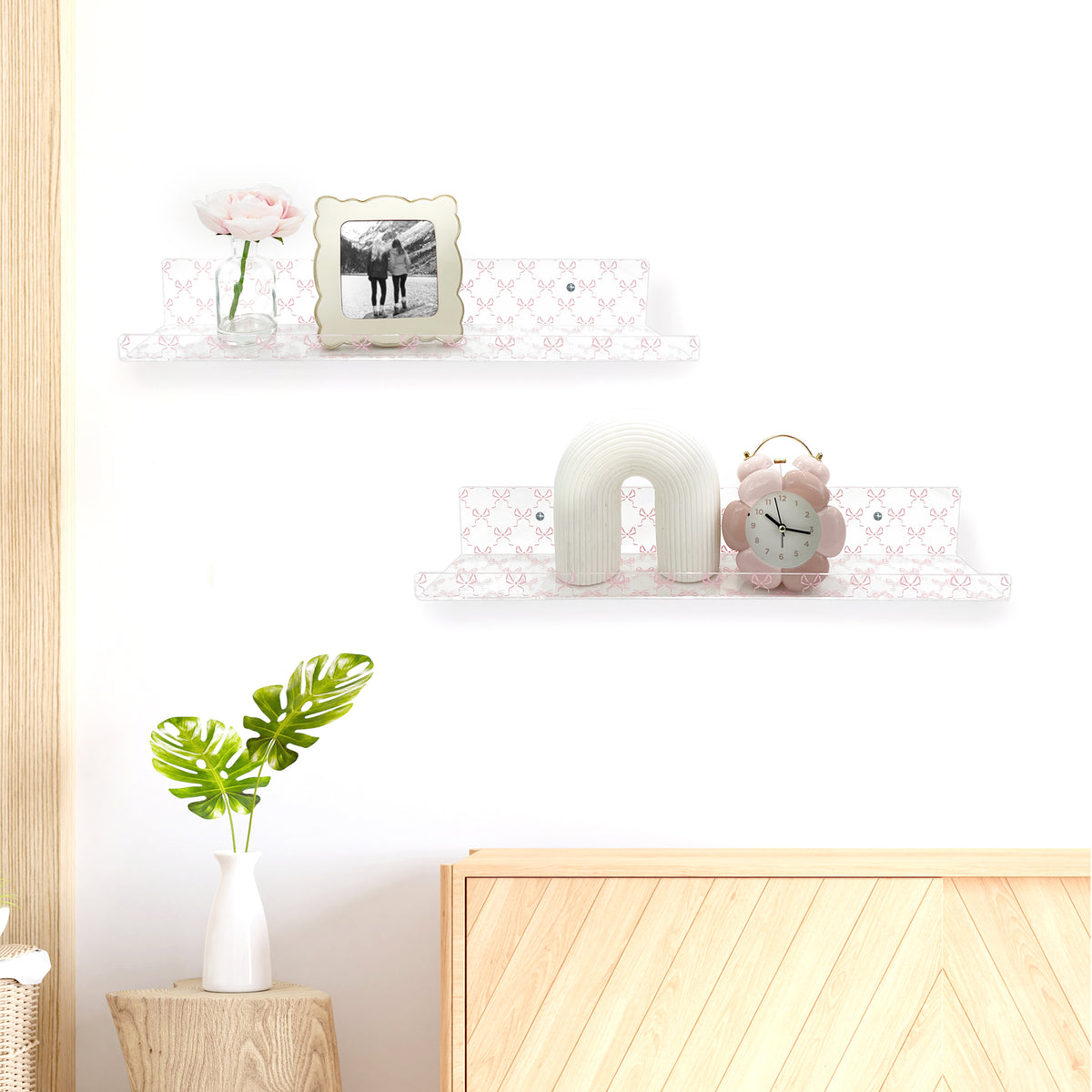 20” Pink Bow Acrylic Floating Wall Shelves, Set of 2 – Decorative Wall Mounted Shelves for Nursery, Girls Bedroom, Bathroom Storage & Room Decor