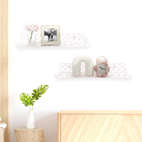 20” Pink Bow Acrylic Floating Wall Shelves, Set of 2 – Decorative Wall Mounted Shelves for Nursery, Girls Bedroom, Bathroom Storage & Room Decor