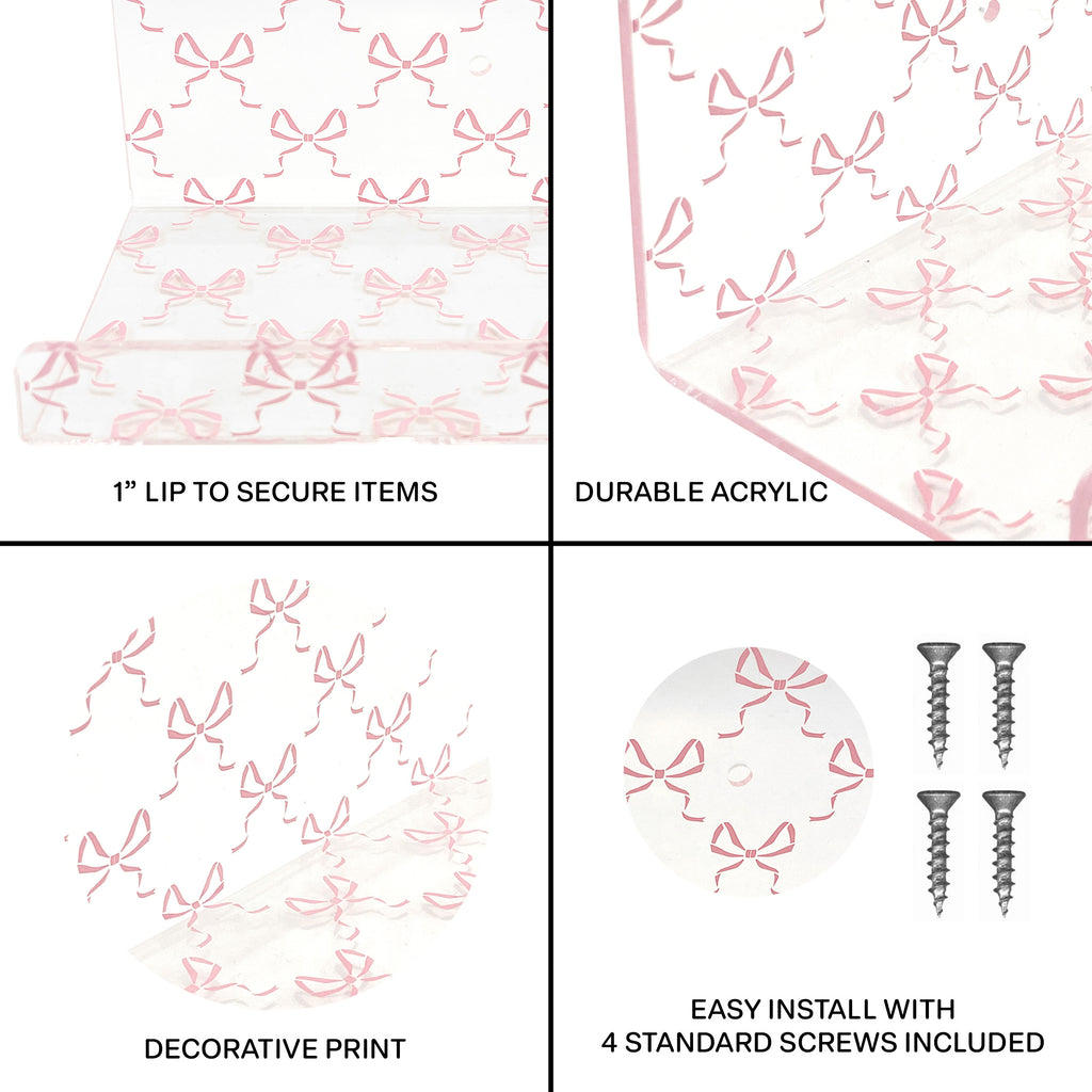 20” Pink Bow Acrylic Floating Wall Shelves, Set of 2 – Decorative Wall Mounted Shelves for Nursery, Girls Bedroom, Bathroom Storage & Room Decor