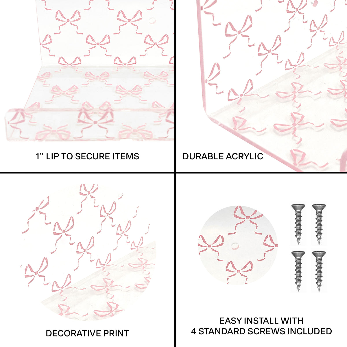 20” Pink Bow Acrylic Floating Wall Shelves, Set of 2 – Decorative Wall Mounted Shelves for Nursery, Girls Bedroom, Bathroom Storage & Room Decor