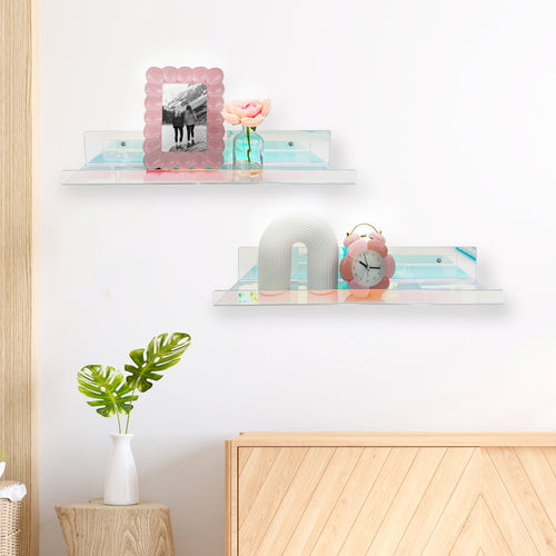20” Iridescent Acrylic Floating Wall Shelves, Set of 2 – Clear Wall Mounted Display Shelves for Bedroom, Bathroom, Nursery, Living Room, Modern Home Decor