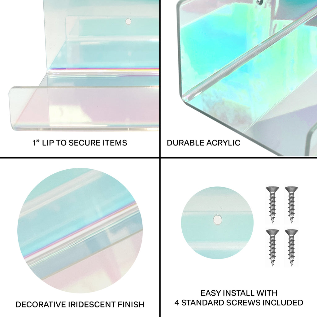 20” Iridescent Acrylic Floating Wall Shelves, Set of 2 – Clear Wall Mounted Display Shelves for Bedroom, Bathroom, Nursery, Living Room, Modern Home Decor