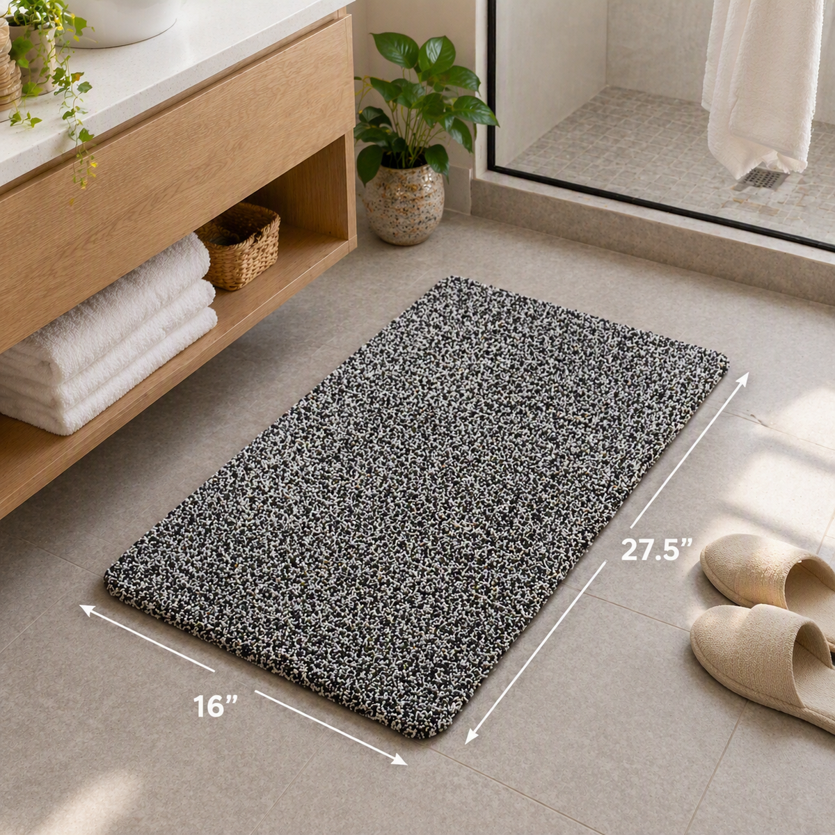 Non-Slip Loofah Bath Mat, Black & White Marled, 16" x 27.5"