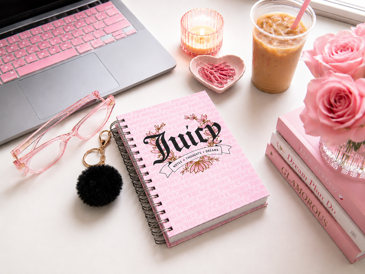 Juicy Couture Blush Spiral Notebook, Notes Thoughts Dreams, Rose Gold Foil, Pom Keychain, Lined Pages Journal, 5.8 x 8.3 in