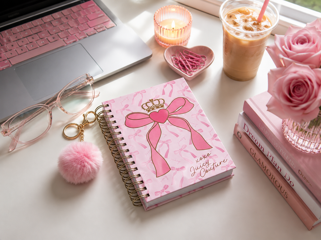 Juicy Couture XOXO Bow Spiral Notebook, Blush Pink with Gold Foil & Pom Keychain, Lined Pages Journal, 5.8 x 8.3 in