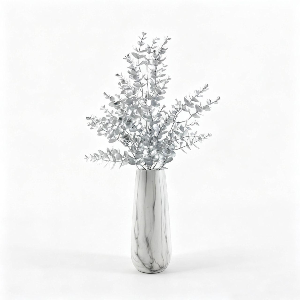 Marble Fluted Vase with Silver Floral Accent, 20"