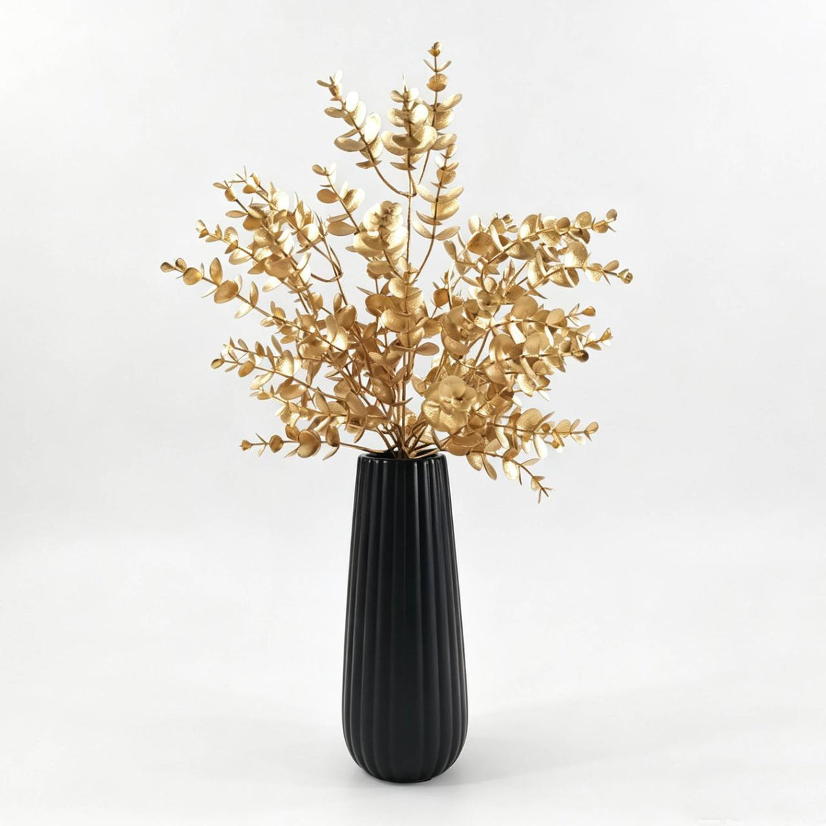 Black Ribbed Cement Vase with Gold Floral Accent, 20"