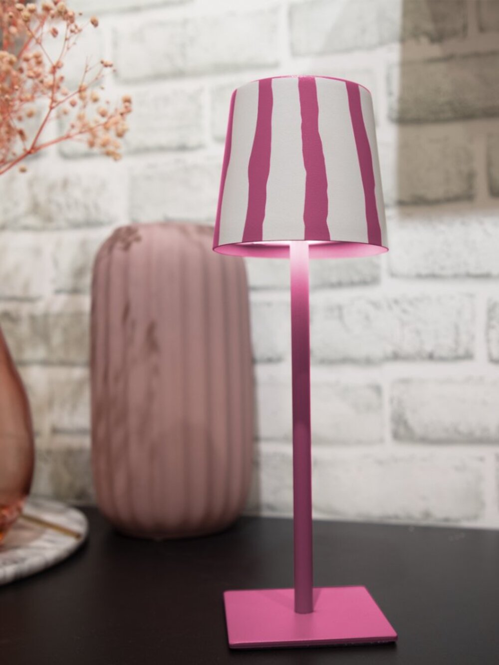 Pink & White Striped Rechargeable Table Lamp, 11"